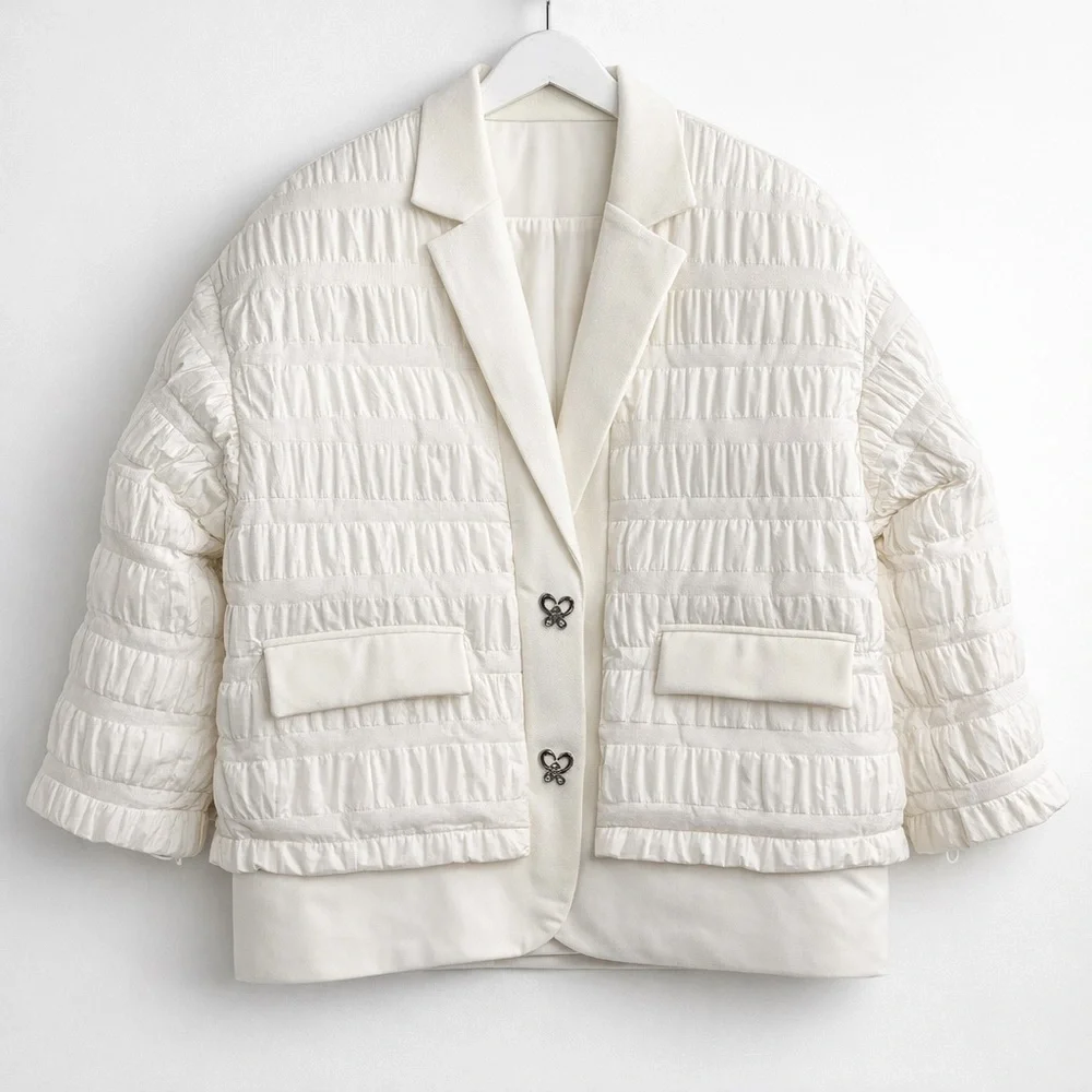 Off White Quilted Blazer Jacket M Sculptural Ruched Spring Modern Chic